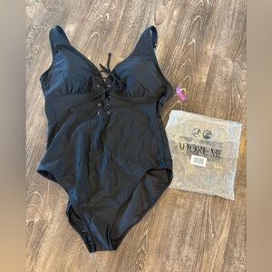 Adore Me Black Text-Print Swimwear Label Interior. NWT.